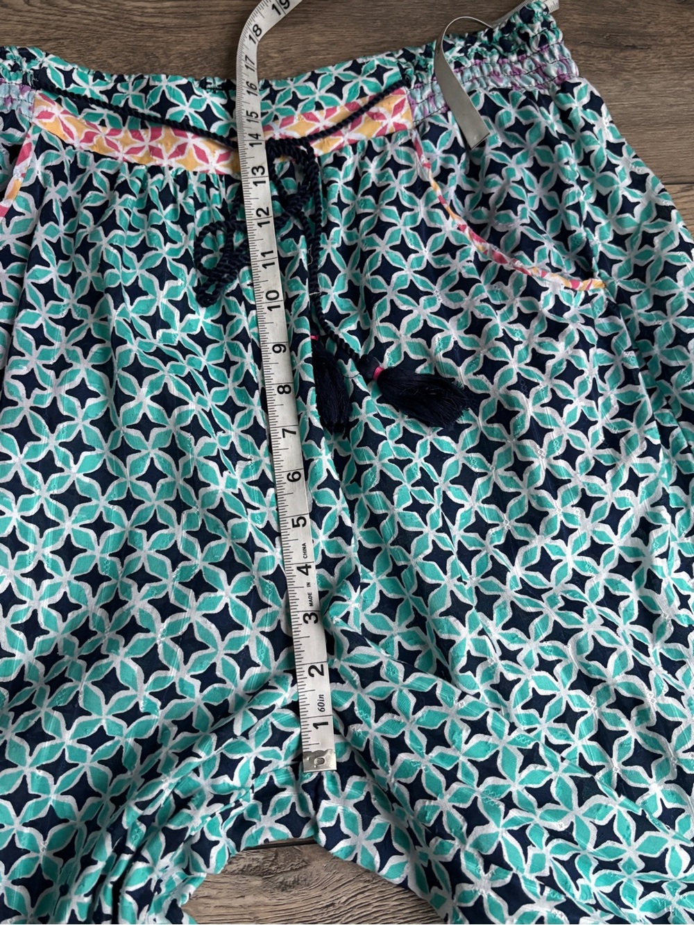 Anthropologie Wide Leg Boho Drawstring Cotton Pants Turquoise White Sz Large - Picture 9 of 13